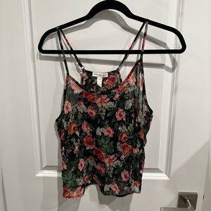 Ambiance Apparel Sheer Cami Floral Black Crop Top Large